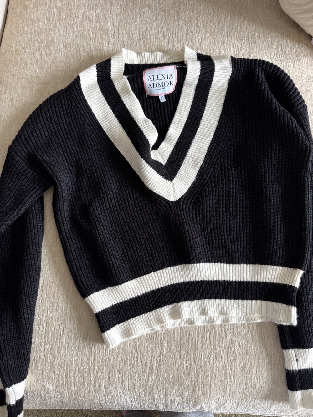 Alexia Admor Black & White Striped V-Neck Ribbed Sweater